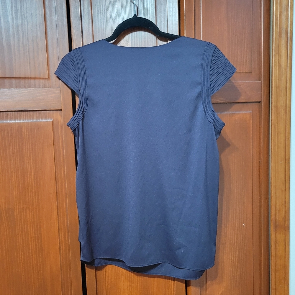 Calvin Klein Ruffle Cap Sleeve Round Neck Black Lightweight Top | Small - Picture 6 of 9
